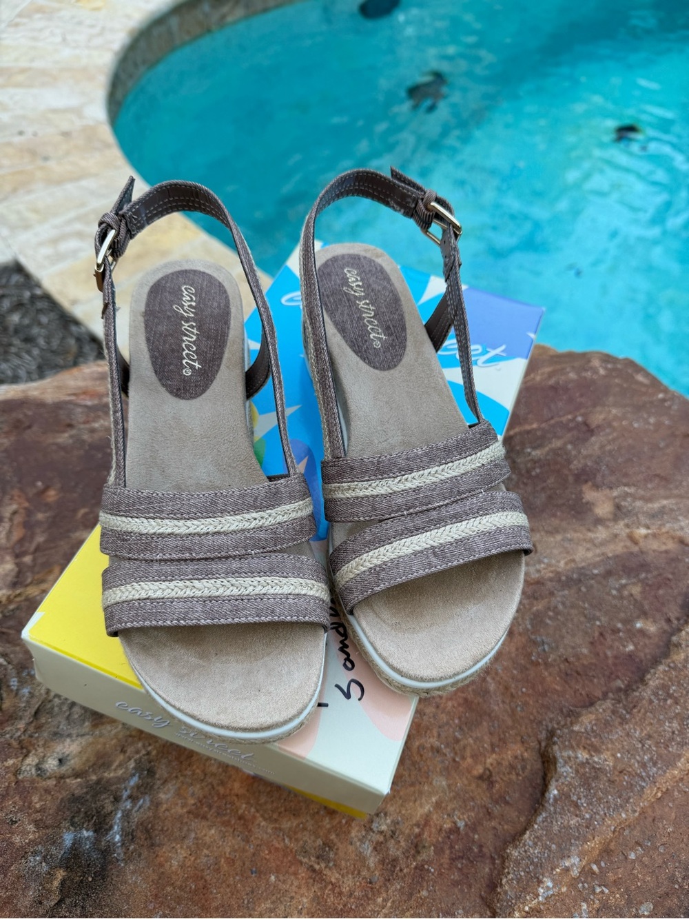easy street “Mel” Brown Strappy Wedge Heel Sandals with Ankle Buckle (MG)